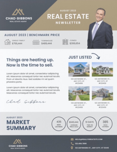 a real estate flyer with the agent on the upper right hand corner