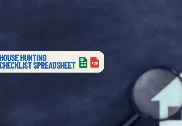 house hunting checklist spreadsheet next to a magnifying glass over a house